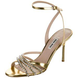 NWT Miu Miu Ankle Strap Sandals Metallic Gold Leather Crystal Embellished 34.5